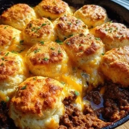Irresistible beef biscuit bake topped with golden, flaky biscuits.