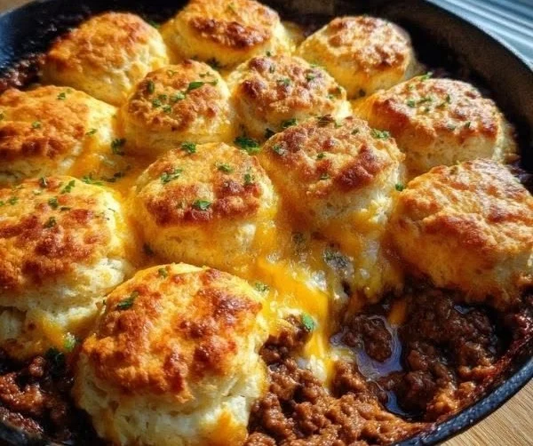 Irresistible beef biscuit bake topped with golden, flaky biscuits.