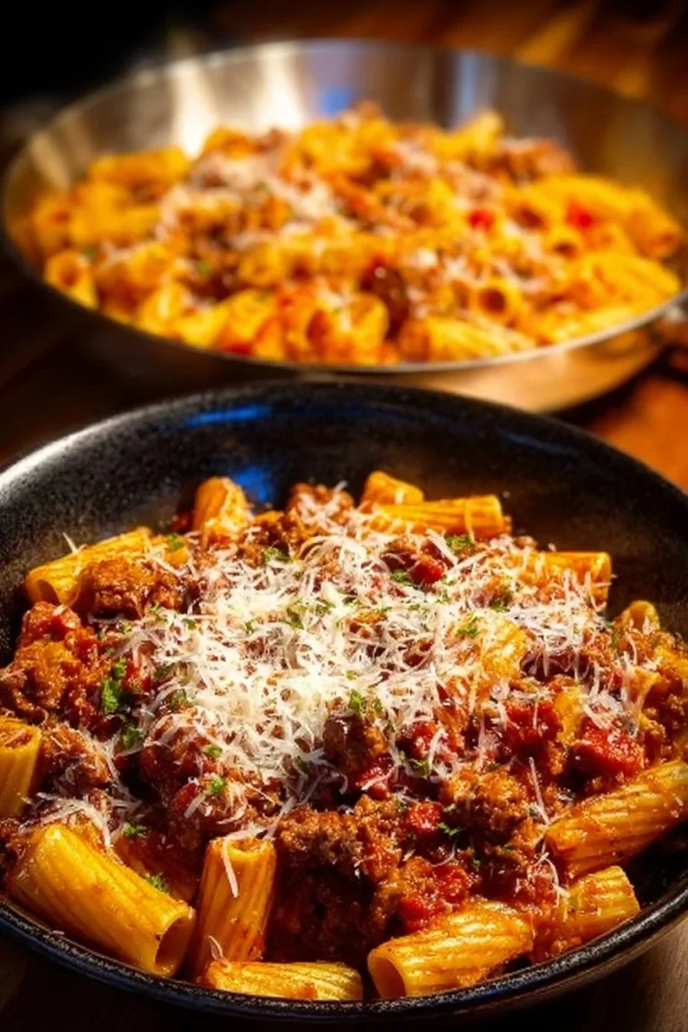 Plate of irresistible Beef Rigatoni with rich meat sauce and cheese