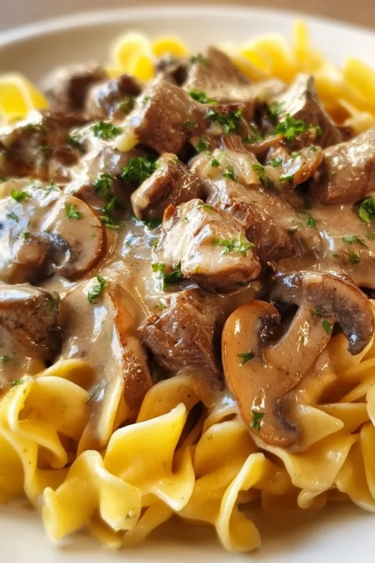 Delicious Beef Stroganoff served with noodles and fresh herbs
