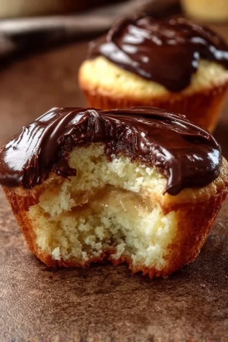 Delicious Boston Cream Cupcakes topped with chocolate ganache and creamy filling.