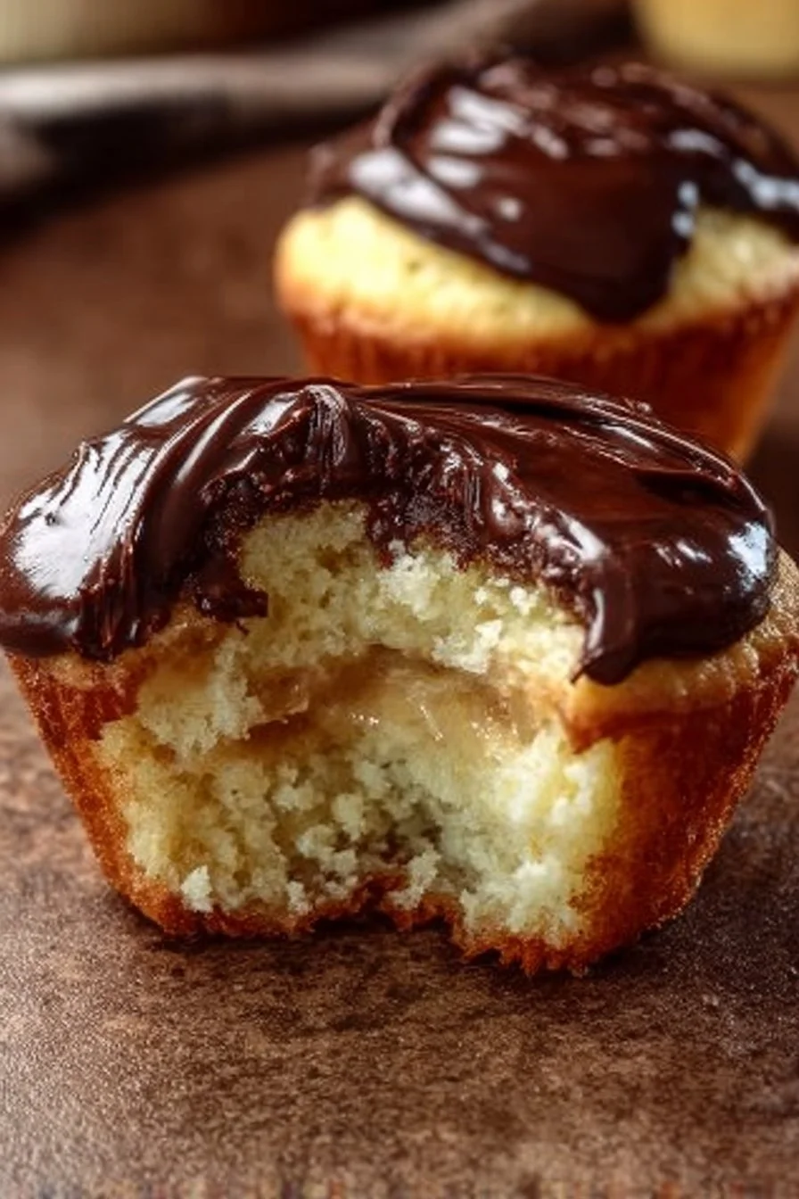 Delicious Boston Cream Cupcakes topped with chocolate ganache and creamy filling.