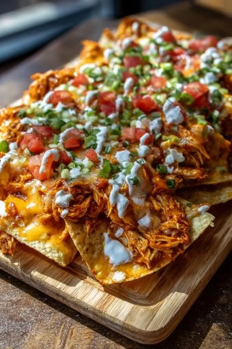 Plate of irresistible Buffalo Chicken Nachos topped with cheese and fresh ingredients.