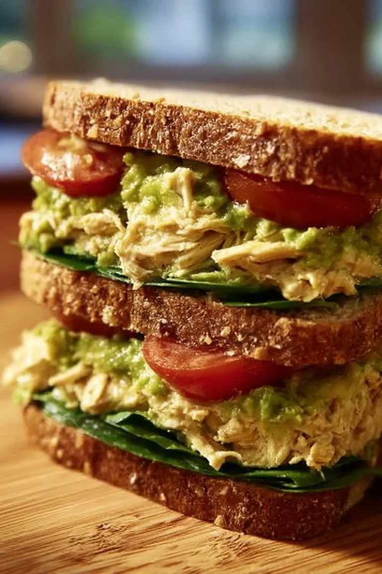 Delicious Chicken Avocado Sandwich served on a rustic wooden table