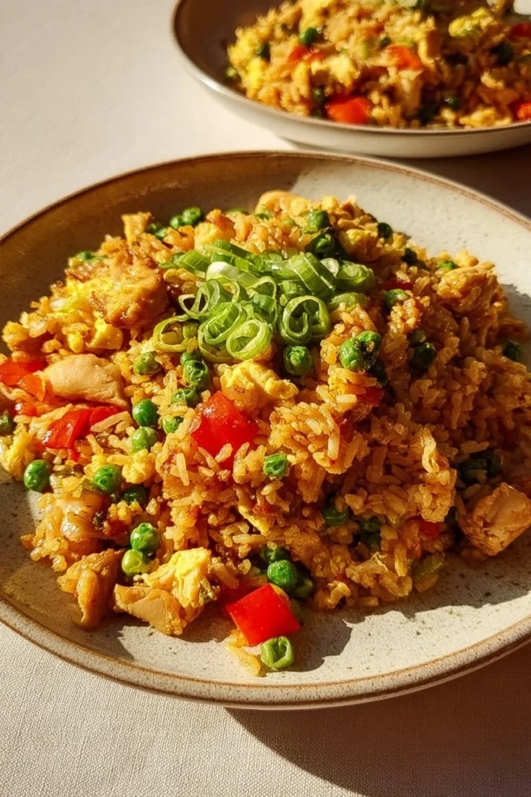 A colorful plate of irresistible chicken fried rice with vegetables and chicken pieces.