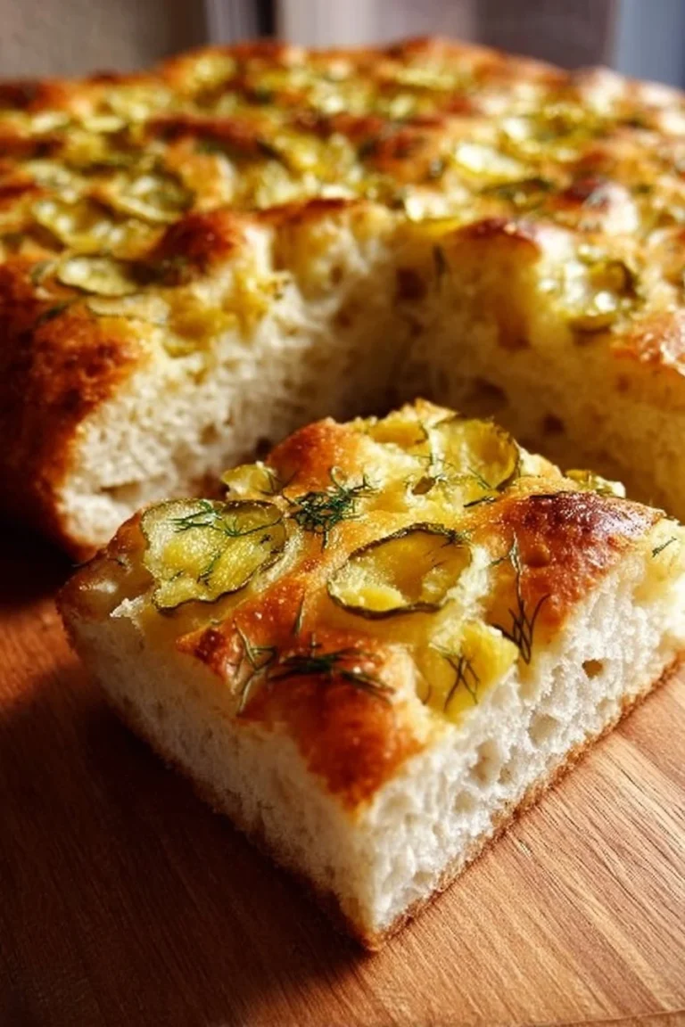 Freshly baked Dill Pickle Focaccia topped with dill and pickles