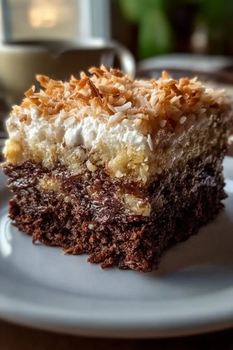 Irresistible German chocolate poke cake with rich chocolate and coconut frosting.