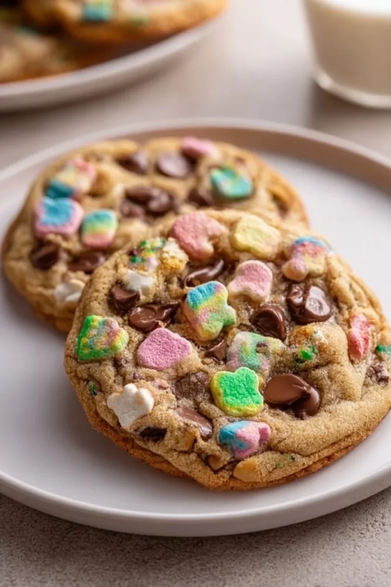 Baked Lucky Charms Cookies with colorful marshmallows on a cooling rack