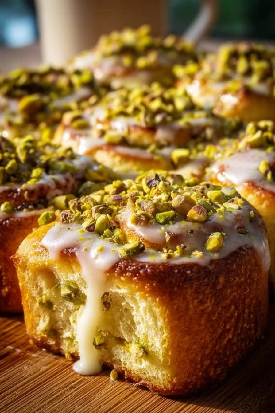 Freshly baked pistachio cinnamon rolls topped with icing on a cooling rack