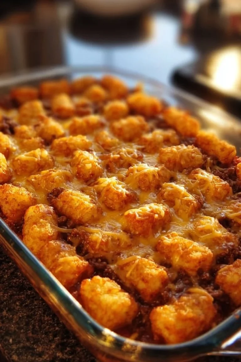 A delicious Sloppy Joe Tater Tot Casserole baked to perfection, served in a dish.