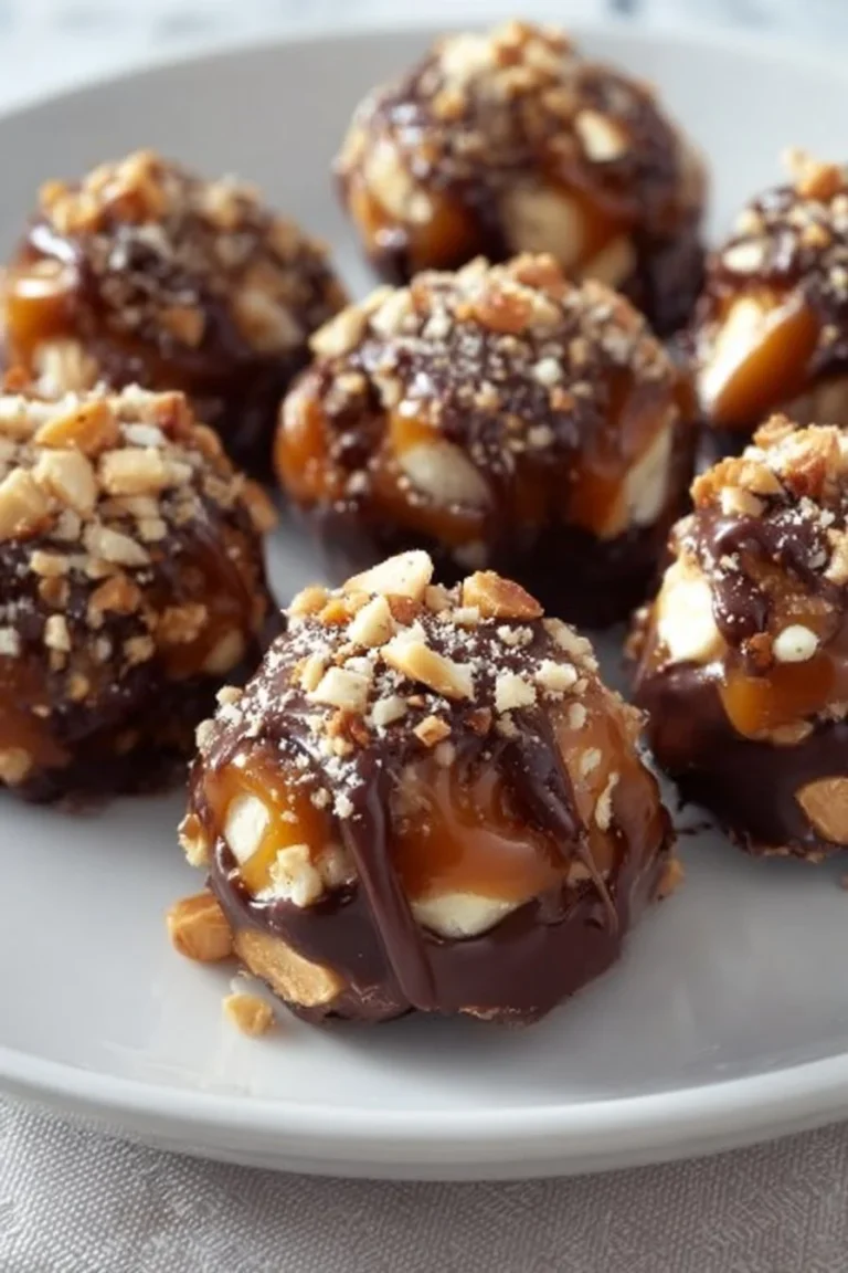 Delicious Snickers Bites featuring chocolate, caramel, and peanuts.