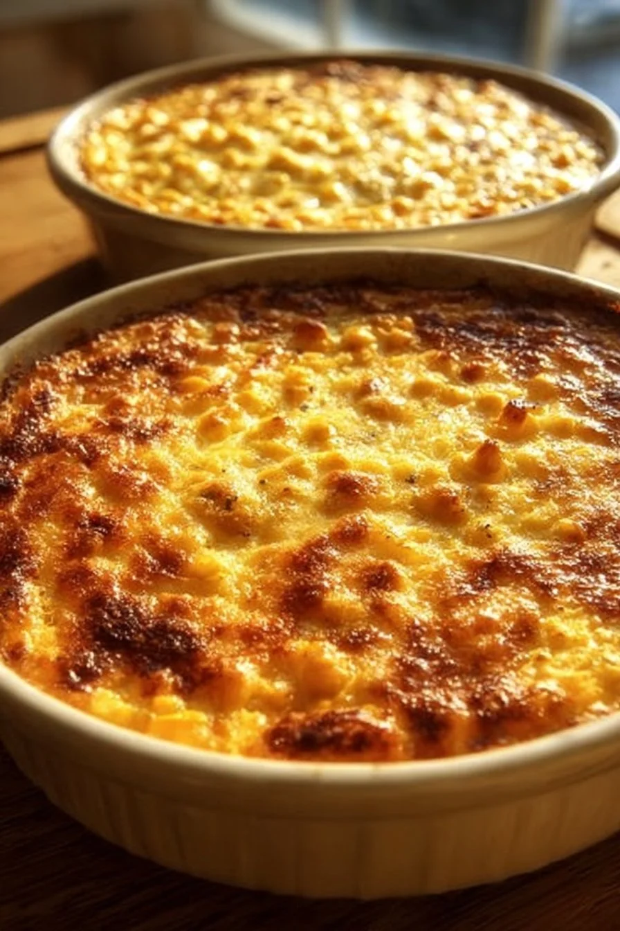 Irresistibly cheesy corn casserole topped with golden cheese and herbs