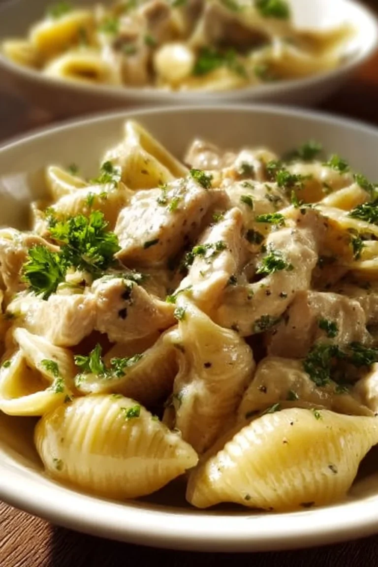 Delicious creamy garlic chicken shells served with fresh herbs