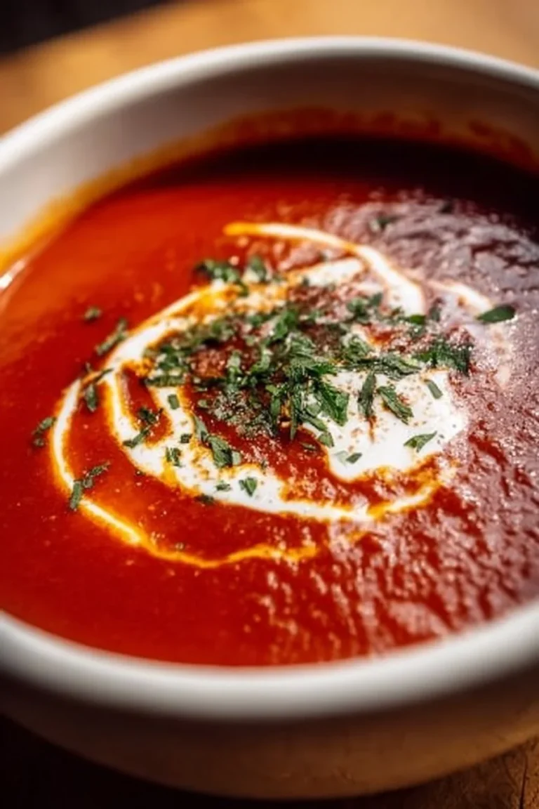 Bowl of irresistibly creamy tomato soup garnished with fresh basil