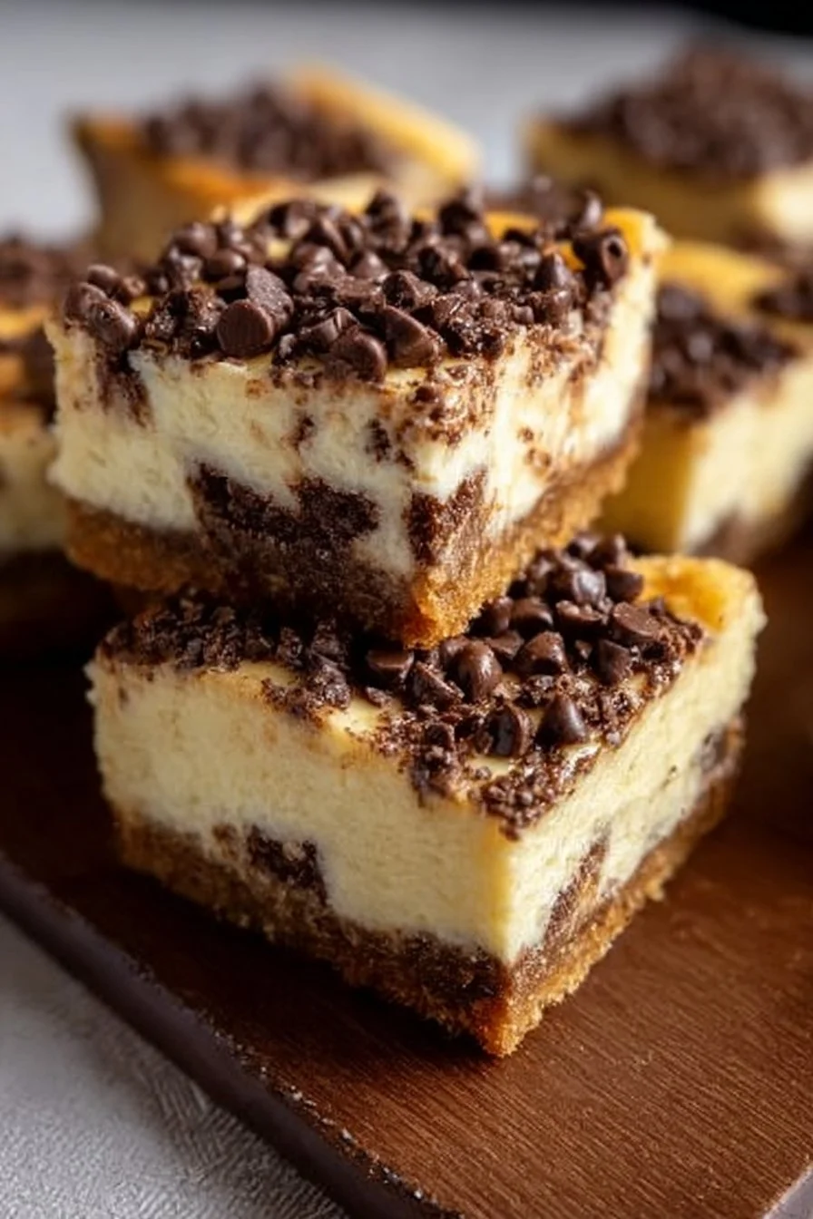 Irresistibly decadent cookie cheesecake bars topped with chocolate chips.