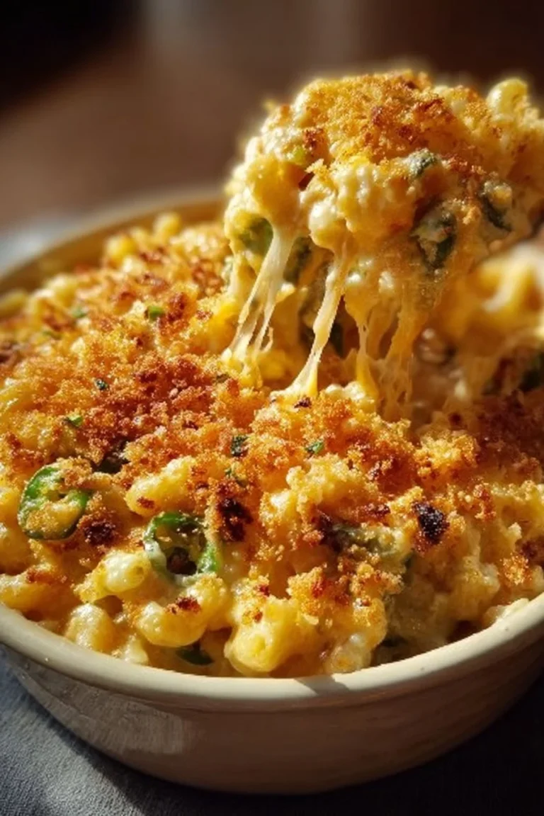 Delicious Jalapeño Popper Mac topped with cheese and jalapeños