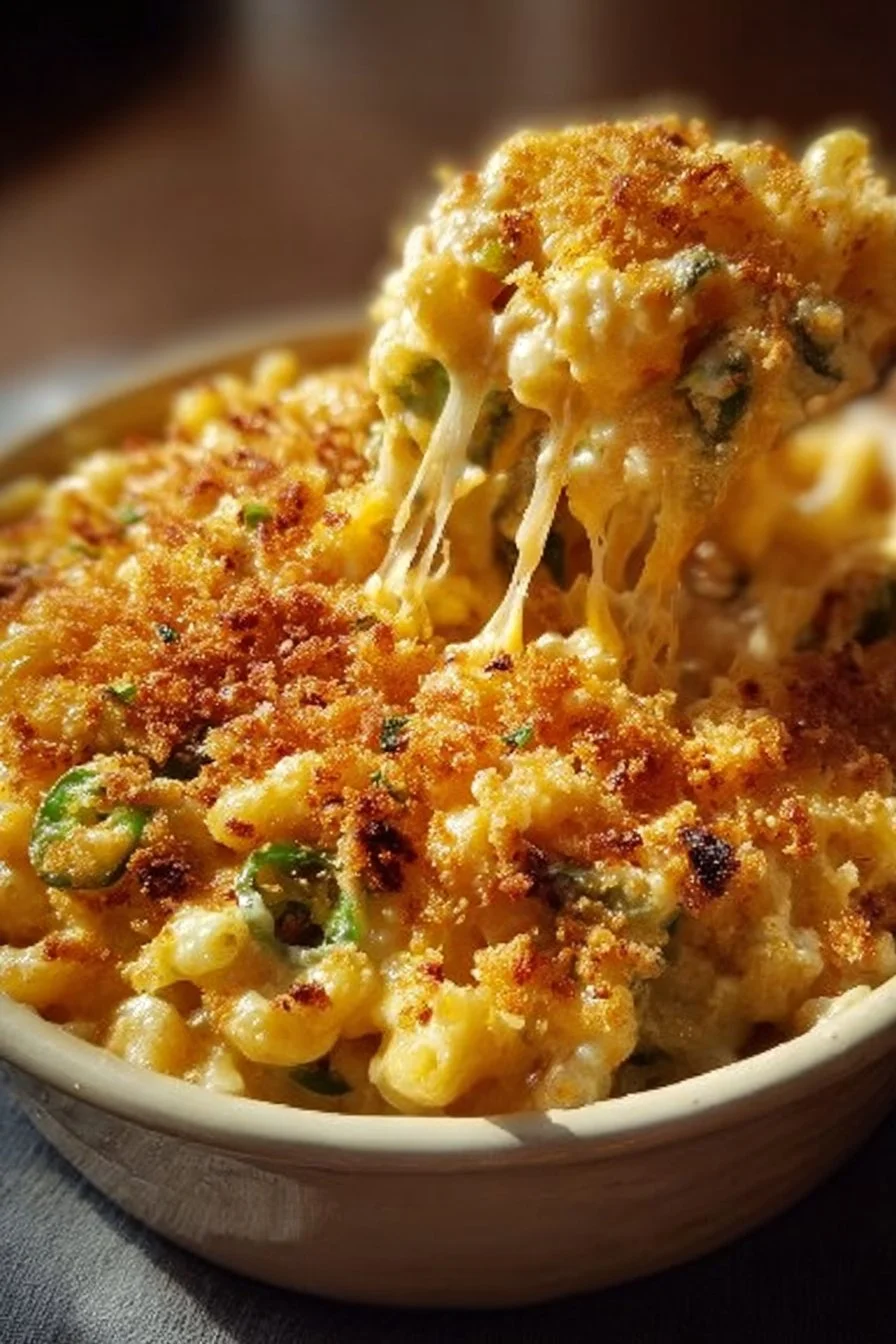 Delicious Jalapeño Popper Mac topped with cheese and jalapeños