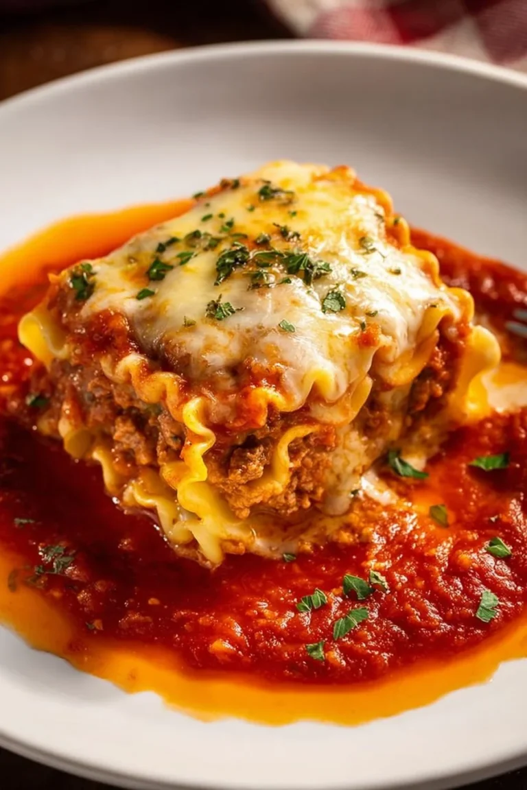 Savory lasagna roll ups filled with cheese and ground meat, garnished with tomato sauce.