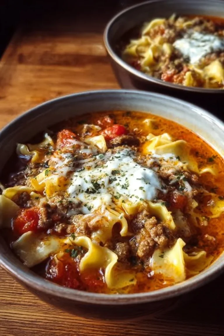 A bowl of hearty Lasagna Soup topped with fresh herbs and melted cheese