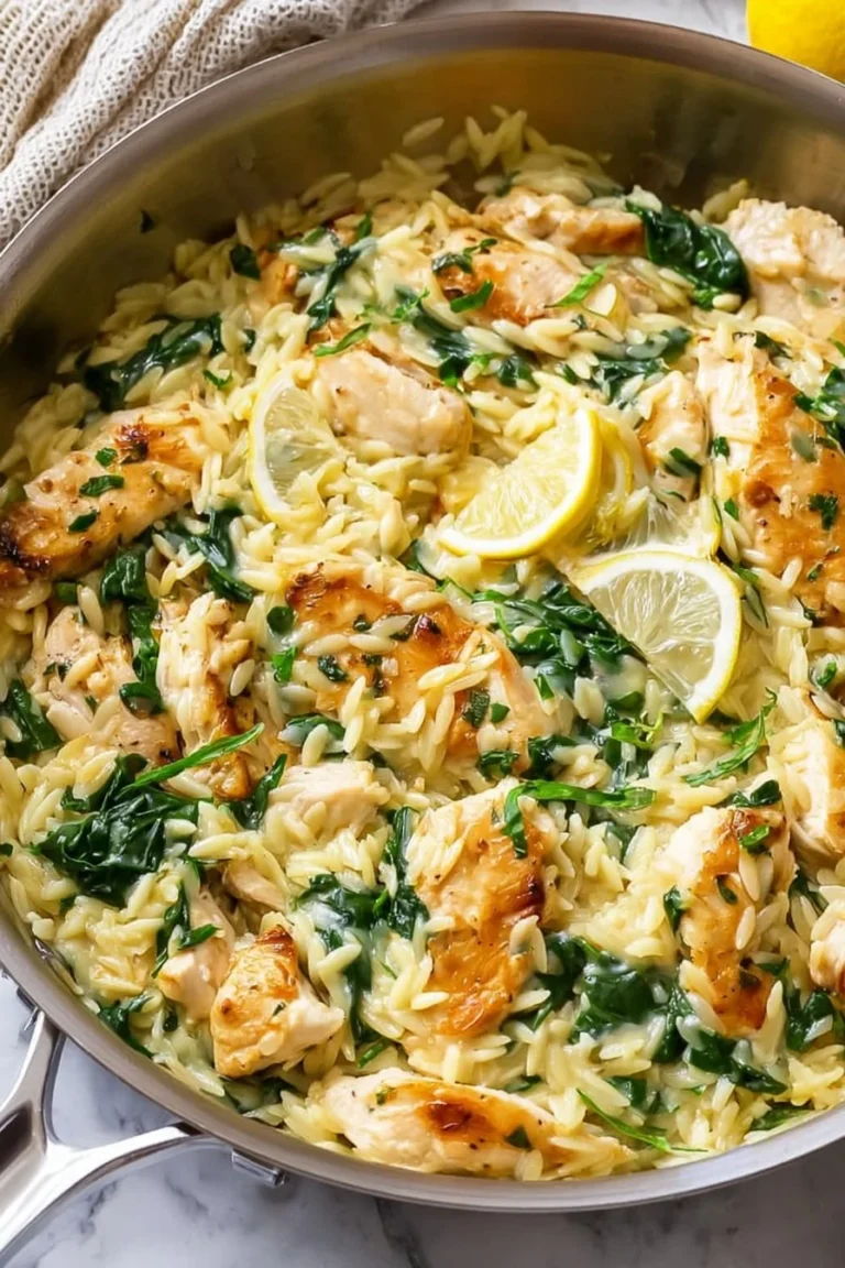 Delicious Lemon Chicken Orzo with Spinach served in a bowl.
