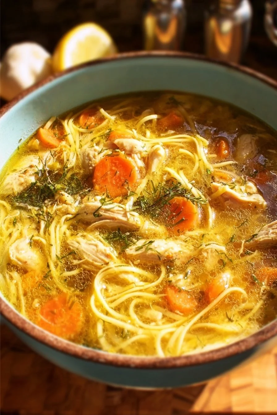 Bowl of flavorful lemon chicken soup garnished with herbs.
