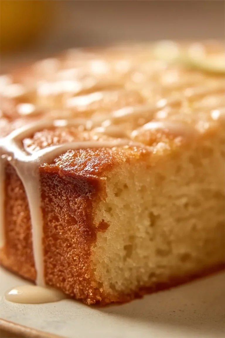 Slice of Lemon Cream Cheese Pound Cake on a plate with lemon slices