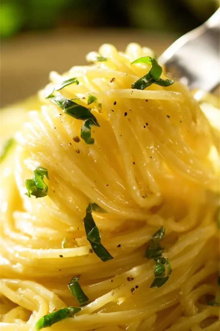 Plate of delicious lemon pasta garnished with fresh herbs and lemon slices.