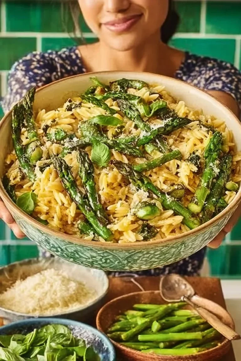 Baked Lemon Pepper Orzo dish served in a ceramic bowl with herbs