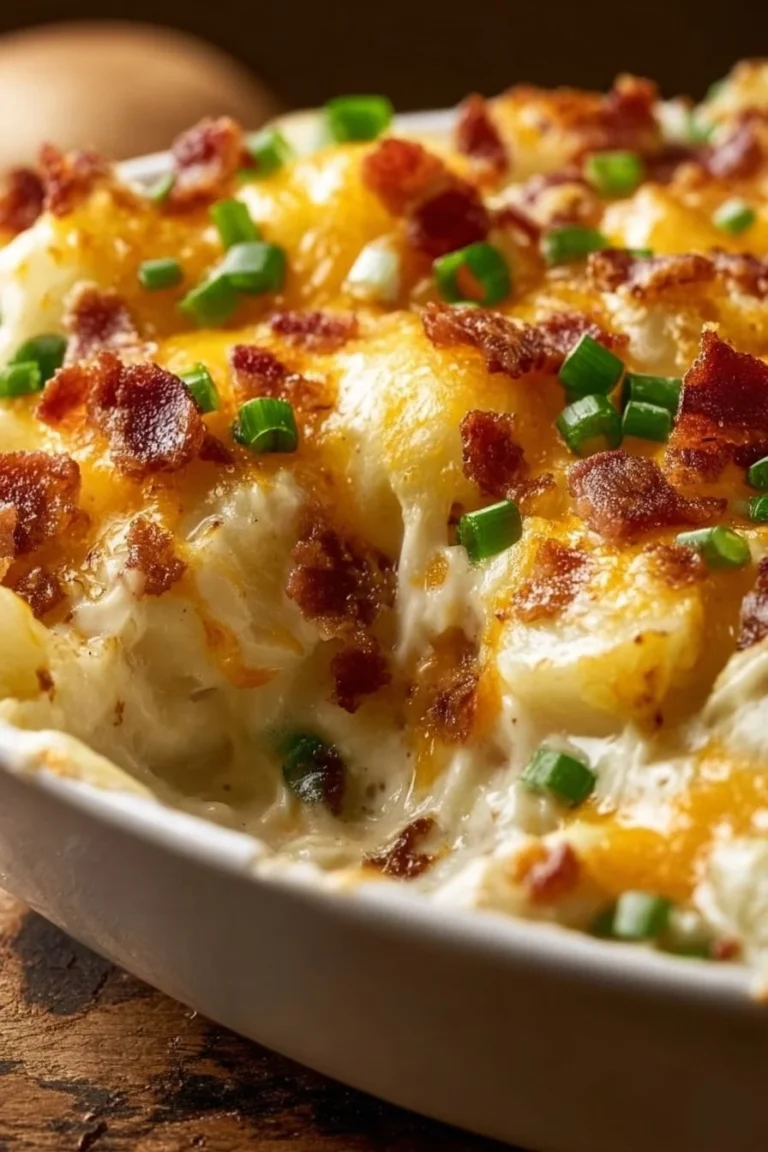 Delicious Loaded Potato Casserole with Bacon topped with cheese and green onions