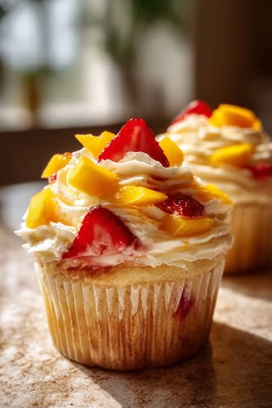 Delicious Mango Strawberry Cupcakes topped with fresh fruit and frosting