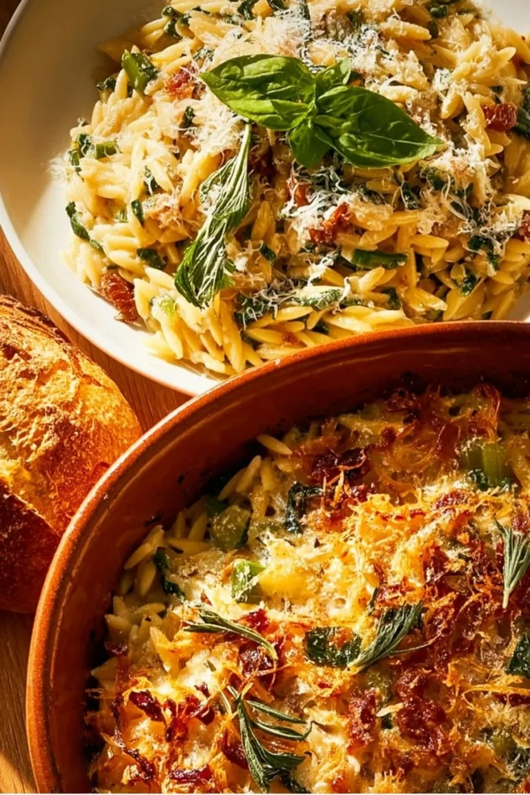 Delicious Marry Me Orzo dish garnished with fresh herbs