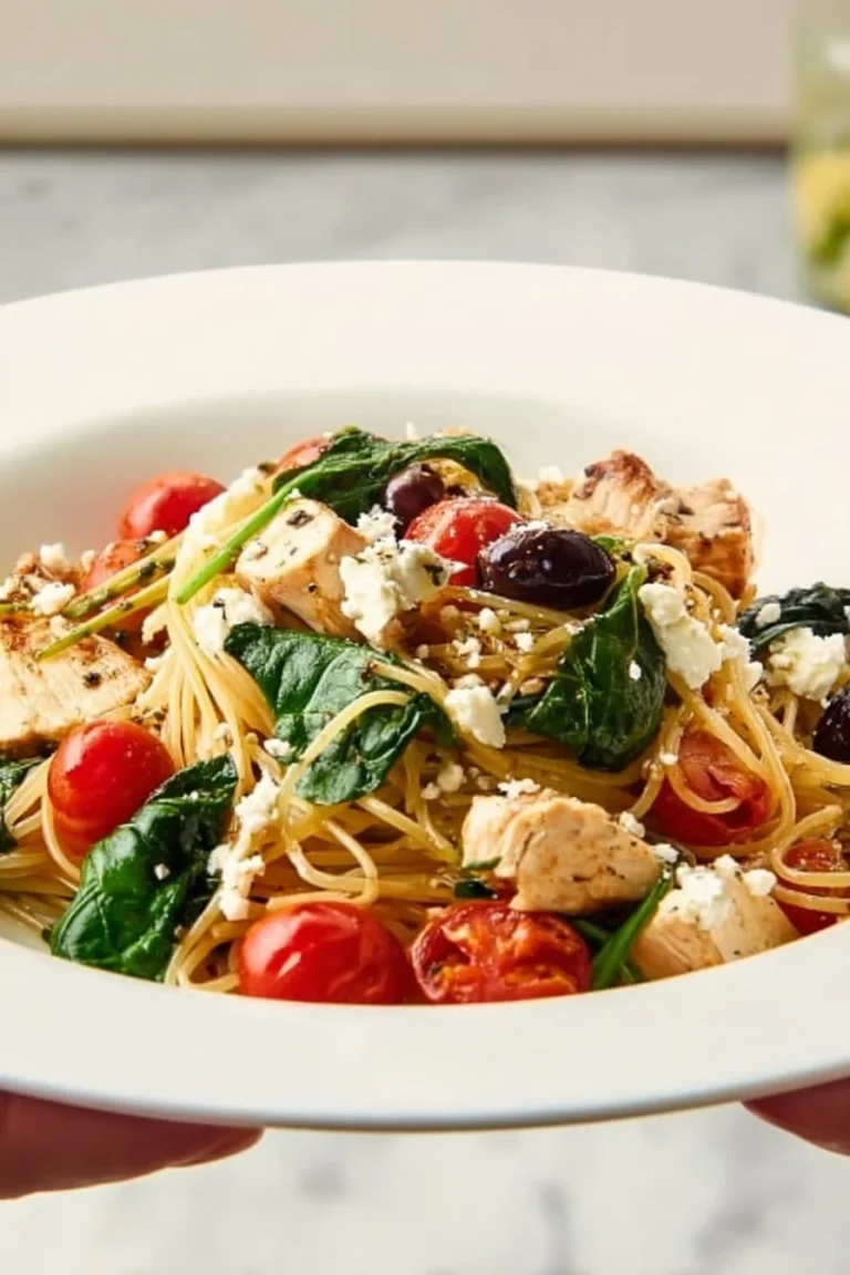 A bowl of Mediterranean pasta with cherry tomatoes, olives, and fresh herbs