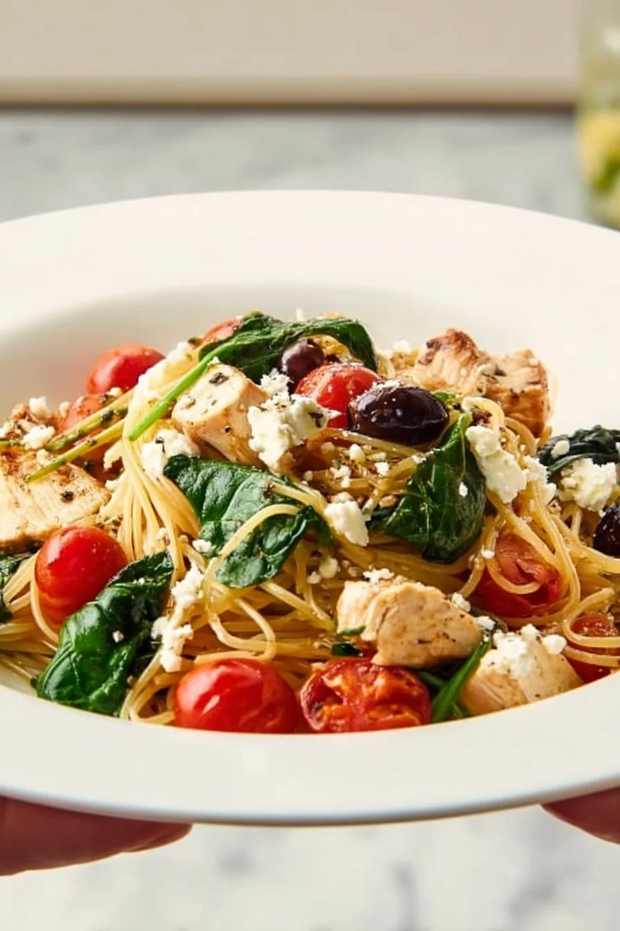 A bowl of Mediterranean pasta with cherry tomatoes, olives, and fresh herbs