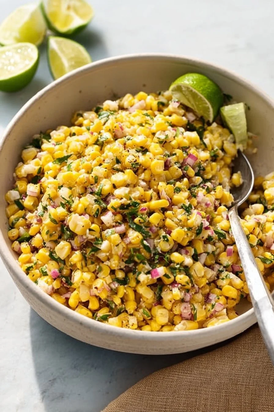 Delicious Mexican street corn topped with cheese, chili, and lime