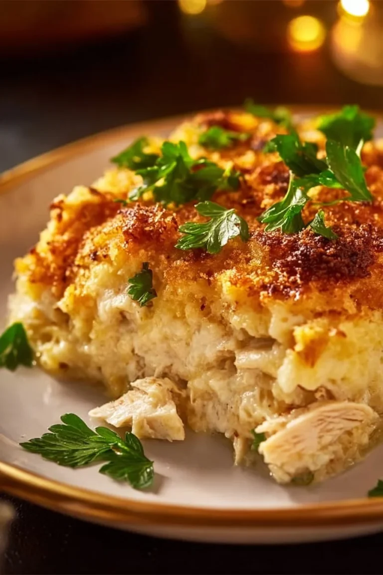 Delicious Million Dollar Chicken Casserole served in a baking dish