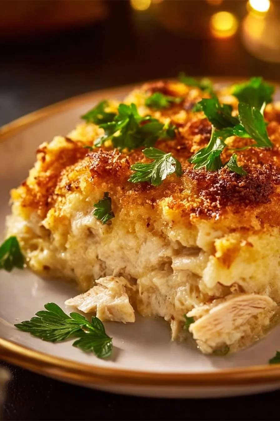 Delicious Million Dollar Chicken Casserole served in a baking dish