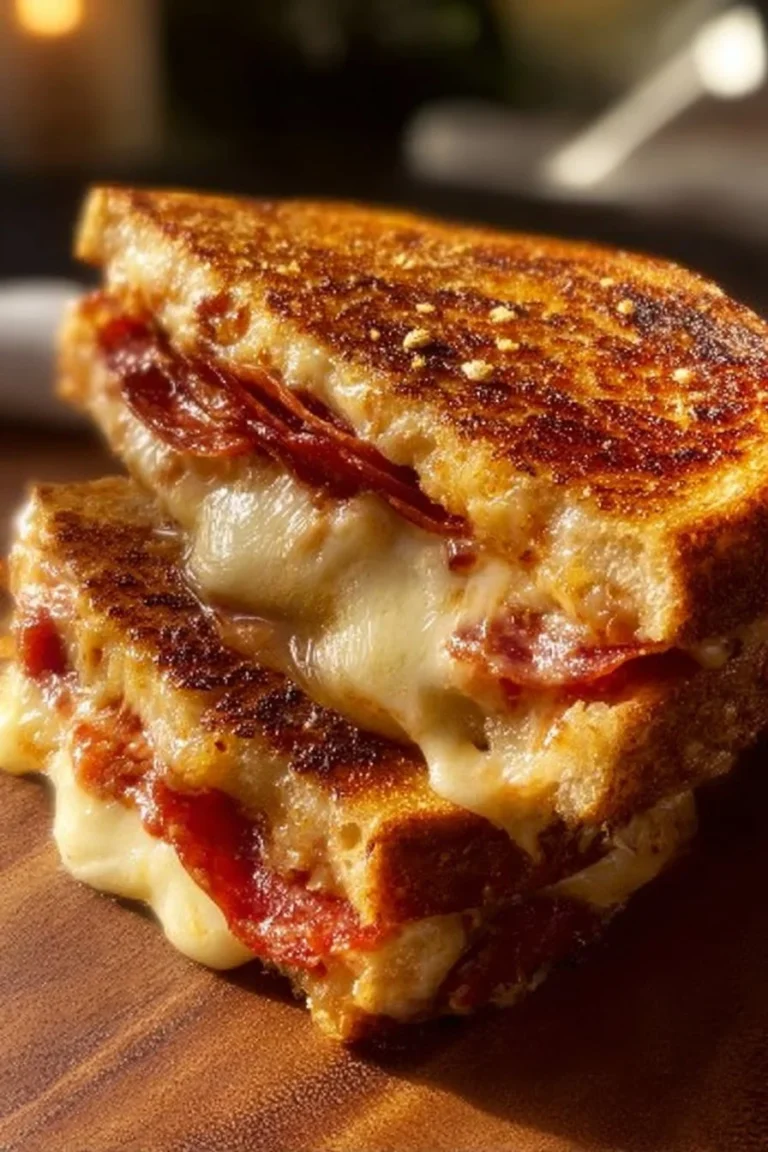 Mouthwatering pizza grilled cheese sandwich with toppings and melted cheese