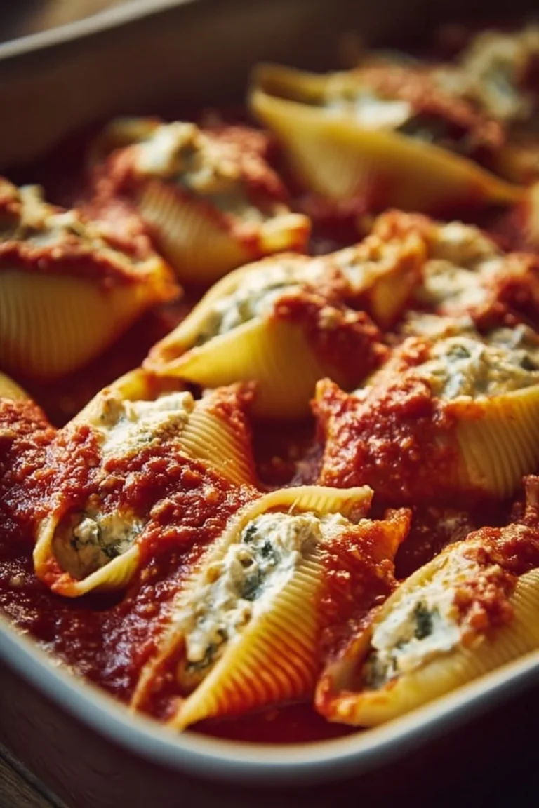 Delicious plate of ricotta stuffed shells topped with marinara sauce and herbs