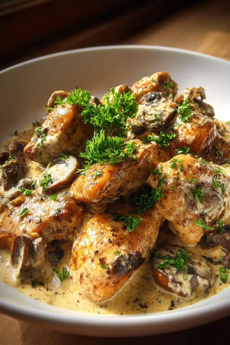 Creamy Mushroom Asiago Chicken served with herbs and vegetables