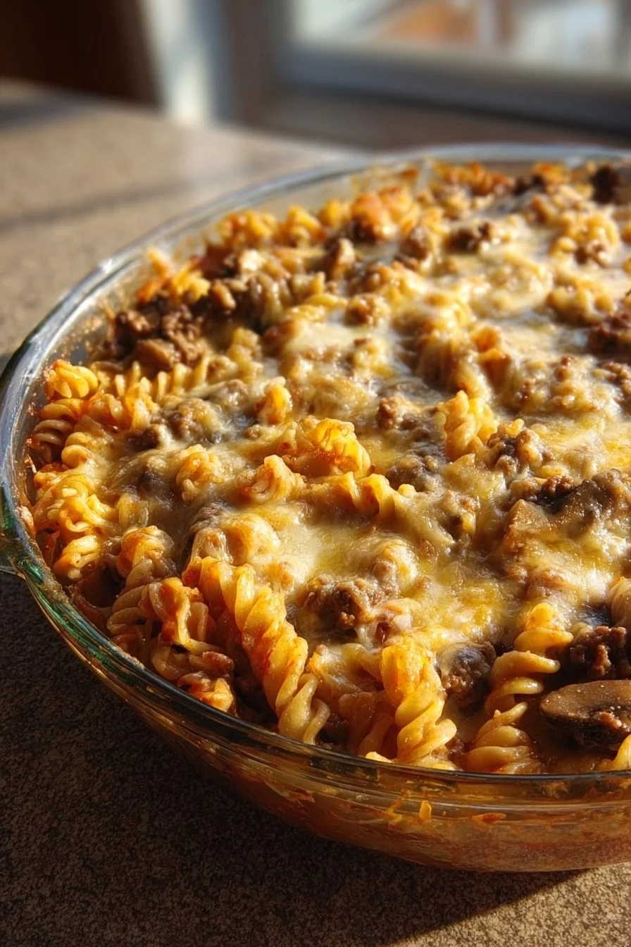 Delicious Mushroom Swiss Burger Casserole served in a dish