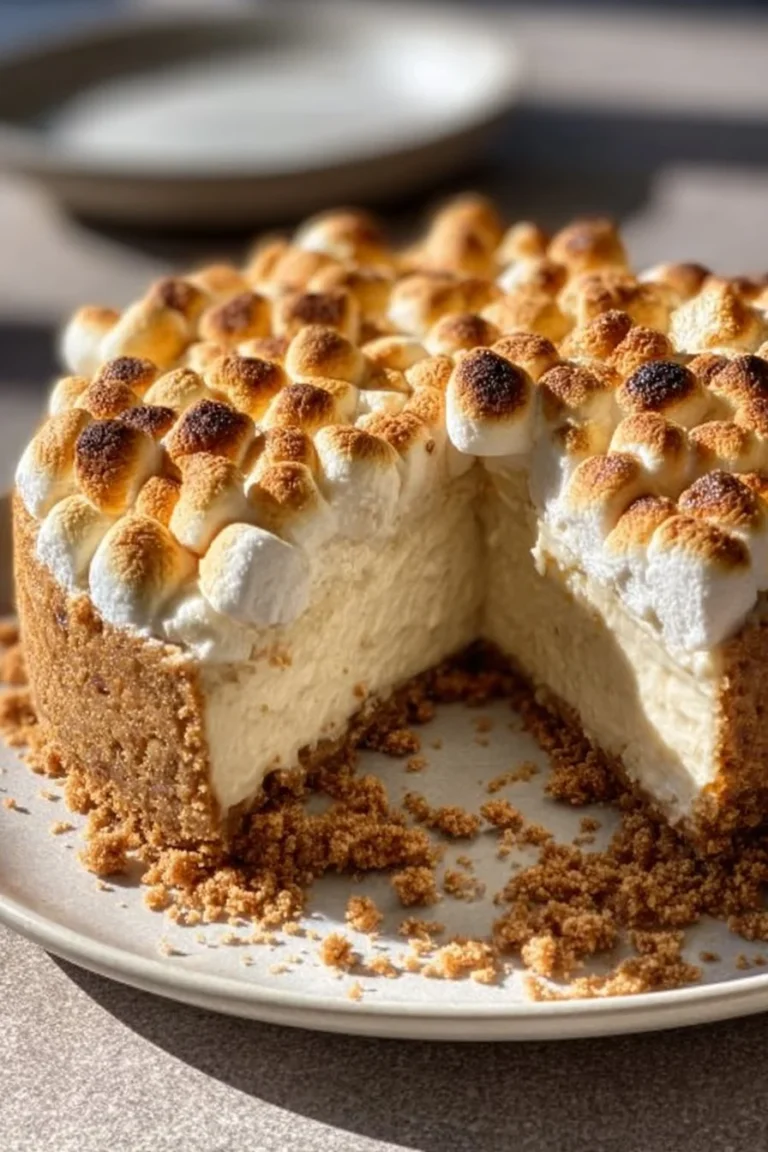 Delicious No Bake Marshmallow Cheesecake topped with mini marshmallows.