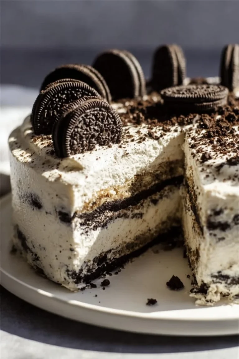 Delicious No Bake Oreo Icebox Cake layered with cream and chocolate cookies.