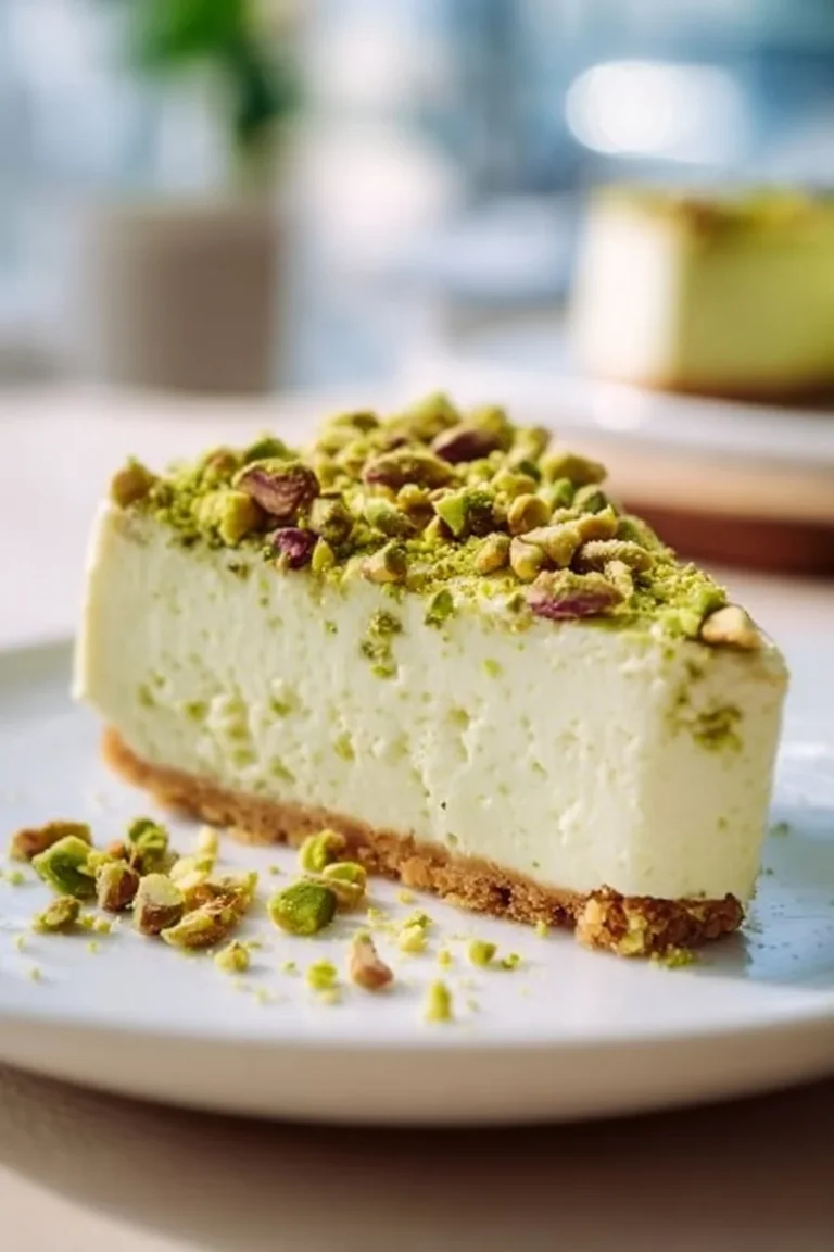 No-bake pistachio cheesecake topped with crushed pistachios and whipped cream.
