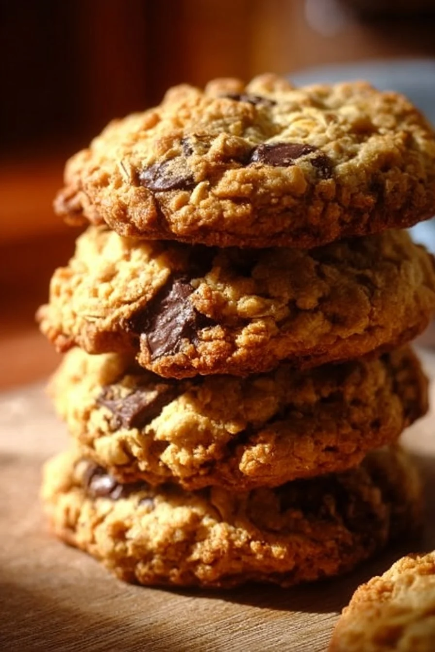 Freshly baked oatmeal chocolate chip cookies on a cooling rack