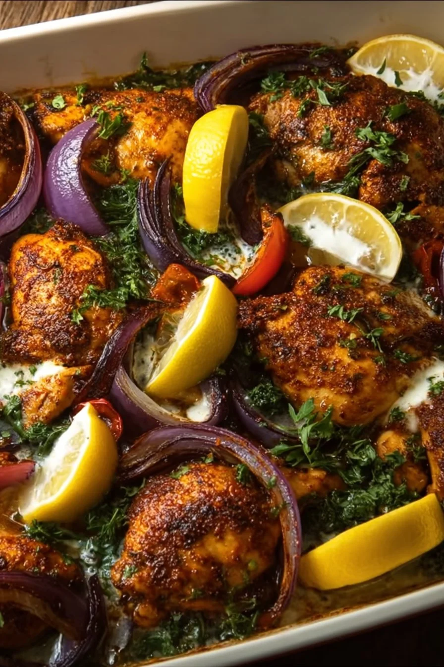 One-Pan Chicken Shawarma served with Roasted Garlic Sauce on a plate