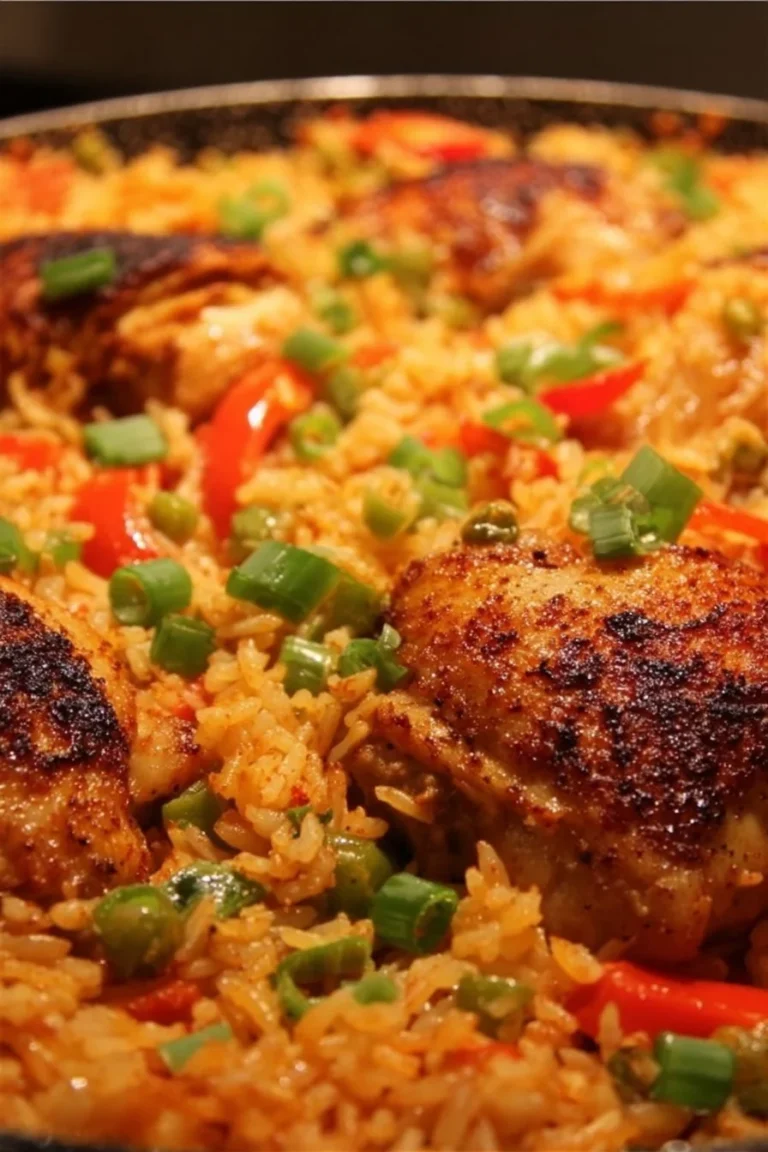 One Pot Cajun Chicken and Rice cooked in a skillet, garnished with herbs
