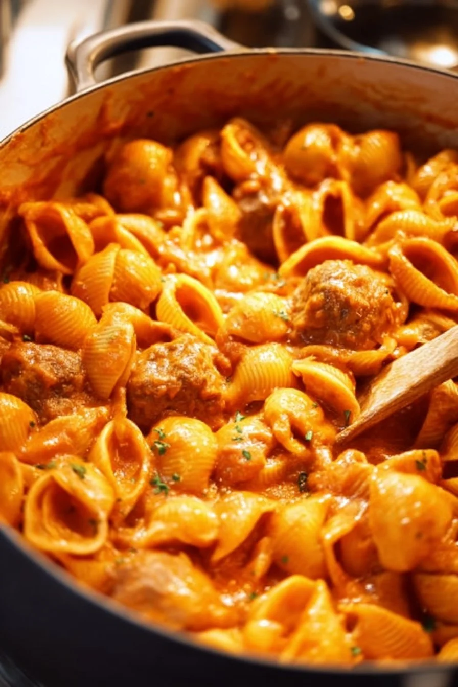 One Pot Meatball Pasta dish garnished with herbs and grated cheese