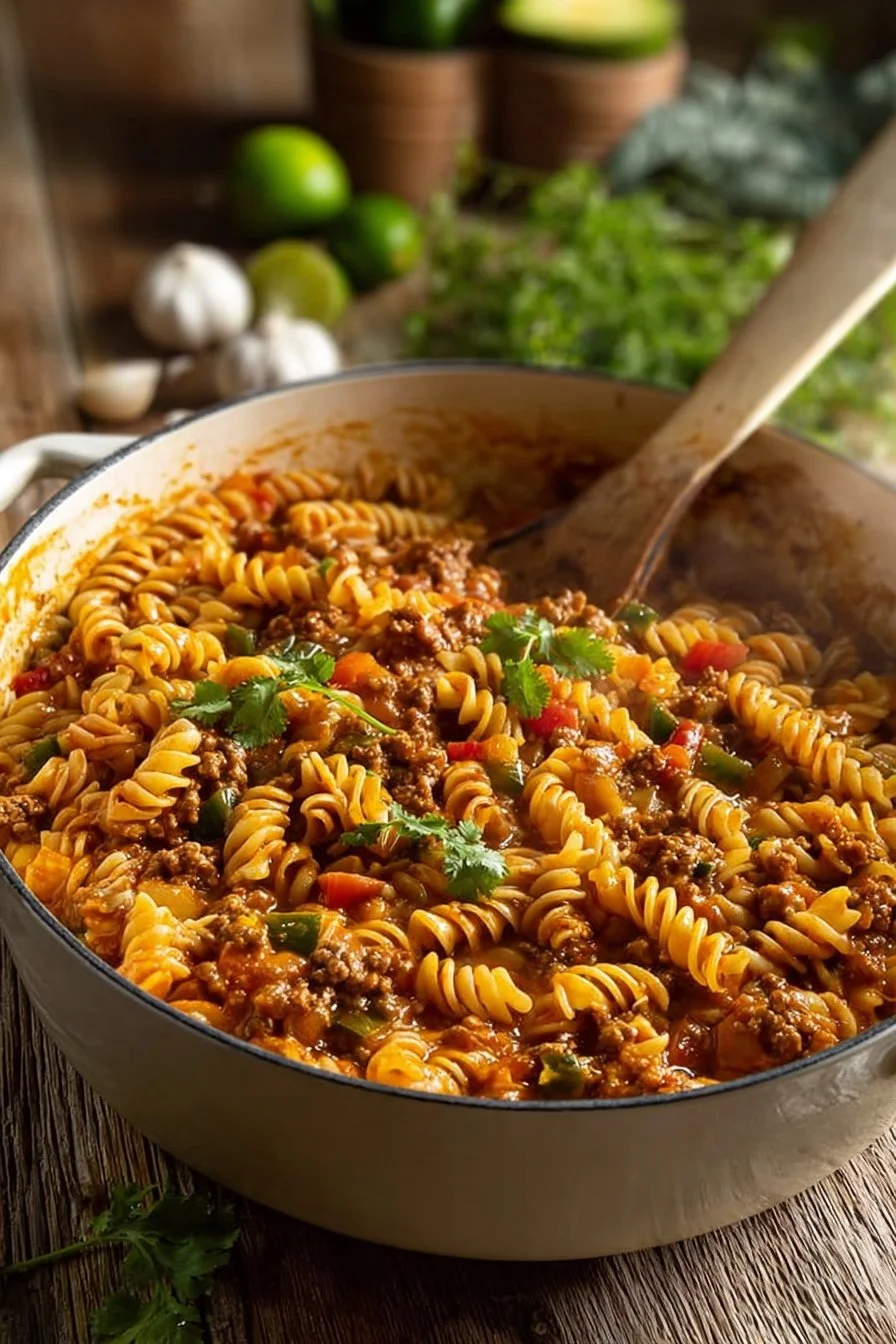 One Pot Taco Beef Pasta in a skillet, ready to serve