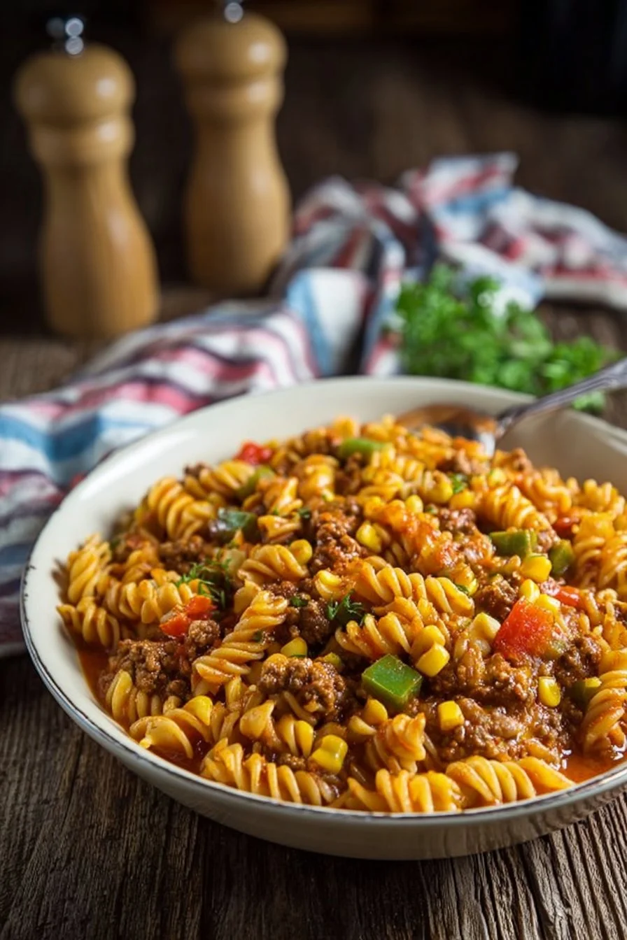 One Pot Taco Beef Pasta served in a bowl with fresh toppings