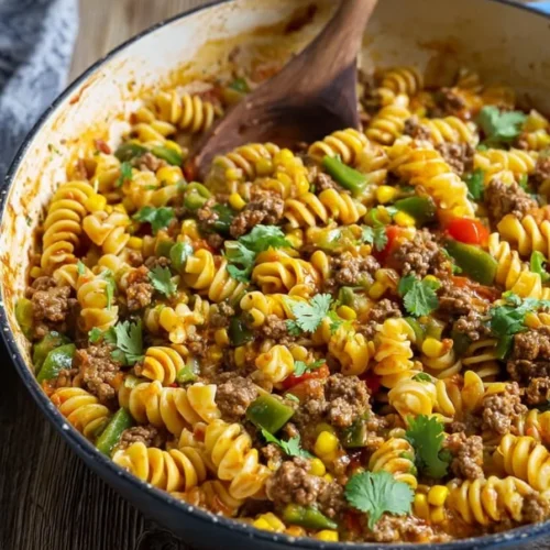 One Pot Taco Beef Pasta served in a bowl with toppings
